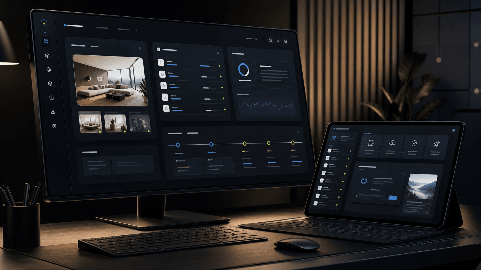 Premium web management dashboard displayed across desktop and tablet screens
